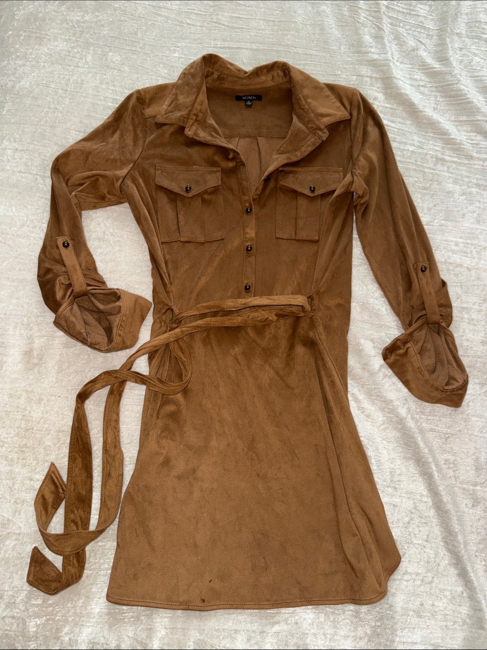 XOXO Brown Long Sleeve Shirt Dress with Self Tie